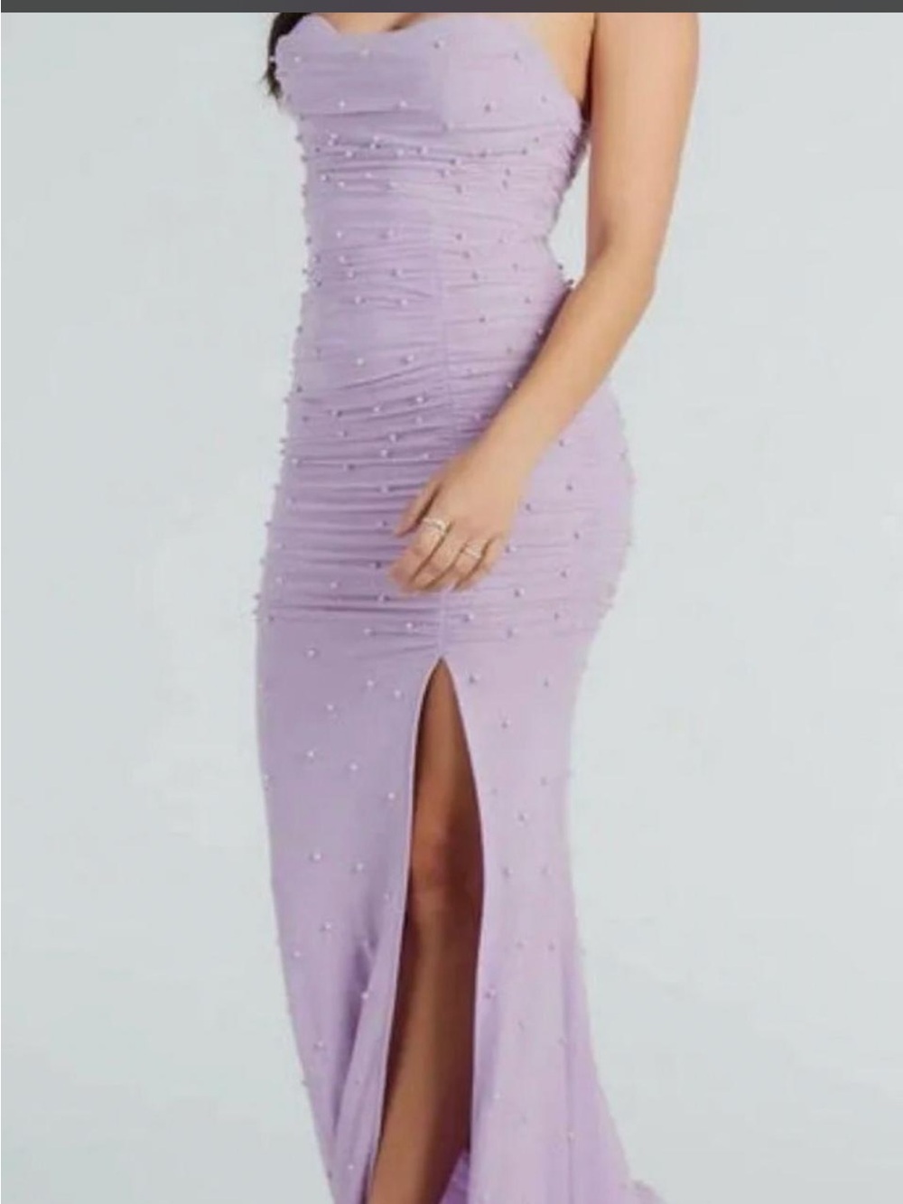 Lavender Ruched Pearl-Embellished Dress